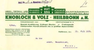 Briebogen der Fa. Knobloch & Volz (Baugeschäft, Zimmergeschäft, Sägewerk) mit schöner Vignette eines Gebäudes