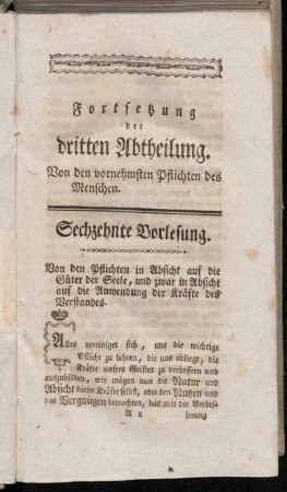 Fortsetzung der dritten Abtheilung. Von den vornehmsten Pflichten des Menschen.