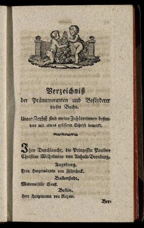 Verzeichniß der Pränumeranten und Beförderer dieses Buchs.