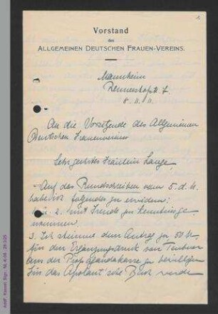 Antwortschreiben von Elisabeth Altmann-Gottheiner auf Rundschreiben von Helene Lange