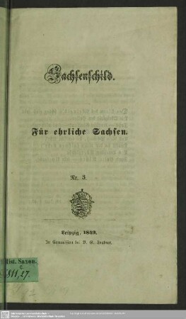 1849,3: Sachsenschild : für ehrliche Sachsen