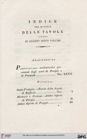 Indice per materie delle tavole coprese in questo sesto volume