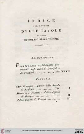Indice per materie delle tavole coprese in questo sesto volume