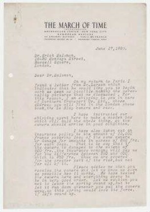 Brief von Richard de Rochemont, TIME The New Weekly Newsmagazine, New York - Chicago an Erich Salomon