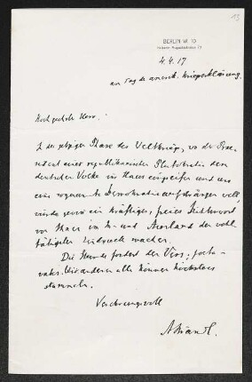 Brief von Alois Brandl an Gerhart Hauptmann
