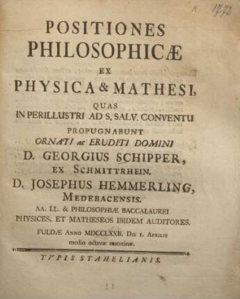 Positiones philosophicae ex physica & mathesi