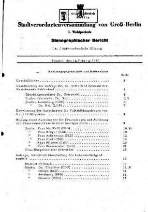 Nr. 16, 14. Februar 1947, Außerordentliche Sitzung