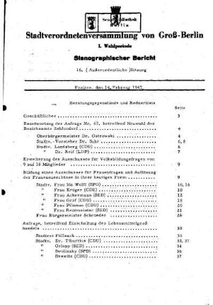 Nr. 16, 14. Februar 1947, Außerordentliche Sitzung