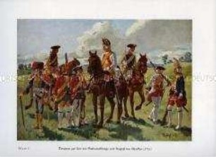 Uniformdarstellung, Infanteristen und Kavalleristen aus Württemberg, Kursachsen und Königreich Preußen, 1730.