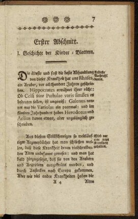 Erster Abschnitt. I. Geschichte der Kinder-Blattern. - II. Beschreibung der natürlichen Blattern.