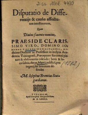 Disputatio de Differentijs [Differentiis] & causis affectuum intestinorum