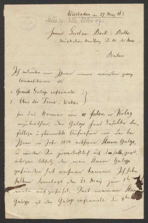 Brief an Musikverlag Ed. Bote und G. Bock (Berlin) : 27.05.1863