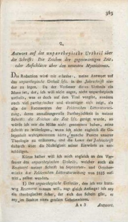365-415 Antwort auf das unpartheyische Urtheil über die Schrift "Die Zeichen der gegenwärtigen Zeit, oder Aufschlüsse über den neuesten Mysticismus"