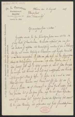 Brief an Ludwig Strecker  und B. Schott's Söhne : 31.08.1897