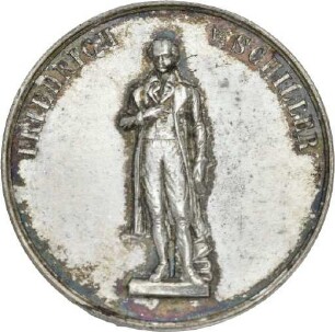Medaille auf Friedrich Schiller mit der Darstellung des Schillerdenkmals und -hauses in Marbach