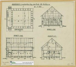 Blockhaus im gedeckten Weg des Forts: Grundriss und Schnitte; 1:100