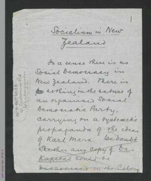 Manuskript von Beatrice und/oder Sidney Webb "Socialismn in New Zealand", hs Abschrift des Sekretärs