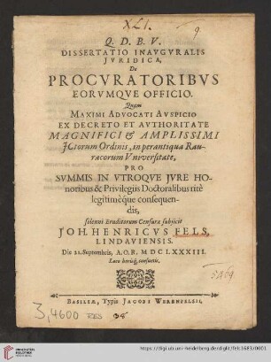 Dissertatio Inavgvralis Jvridica, De Procvratoribvs Eorvmqve Officio