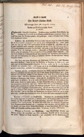 Im Reichs-Fürsten-Rath. Montags den 9ten Augusti 1773. Meldete am Directorial-Tische stando in circulô