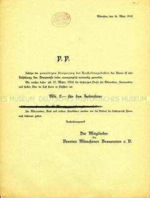 Rundschreiben des Vereins Münchener Brauereien zur Erhöhung der Bierpreise um 2,- M je Hektoliter