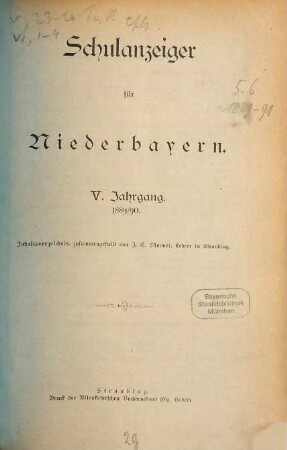 Schulanzeiger für Niederbayern. 5. 1889/90