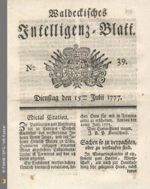 No. 39. Dienstag den 15ten Julii 1777