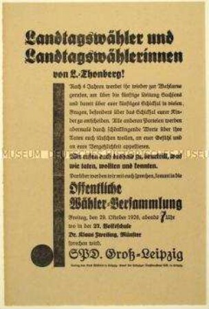 Aufruf der SPD zu einer Versammlung am 20. Oktober 1926 in Leipzig zur bevorstehenden Landtagswahl
