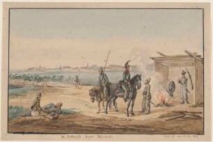 Soldaten am Anfang der Floßbrücke beim Bärwall über die Elbe in Dresden im Mai 1813