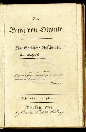 Die Burg von Otranto : Eine Gothische Geschichte ; Mit 4 Kupfern