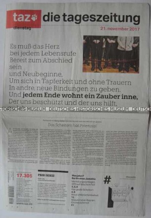 Tageszeitung "taz. die tageszeitung" mit Titel zur Regierungsbildung in Deutschland
