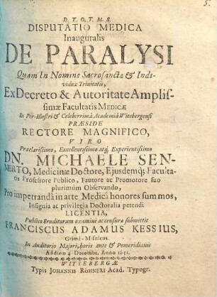 Disputatio Medica Inauguralis De Paralysi