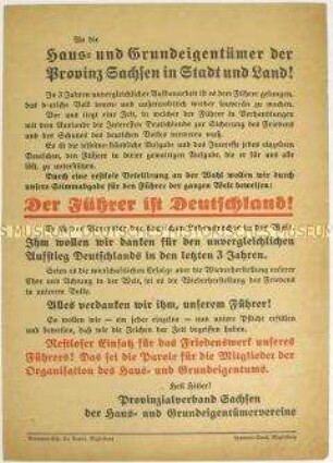 Propagandaflugblatt der sächsischen Haus- und Grundeigentümervereine mit dem Bekenntnis zur Politik Hitlers