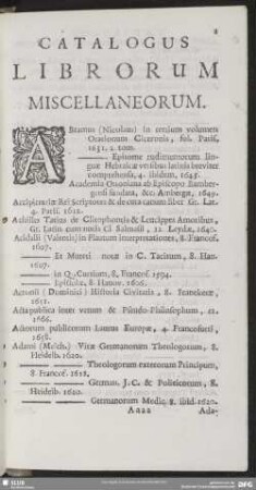 Catalogus Librorum Miscellaneorum
