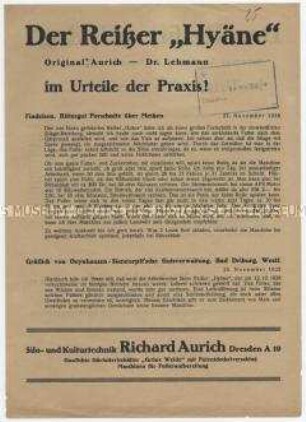 Der Reißer "Hyäne" im Urteile der Praxis!