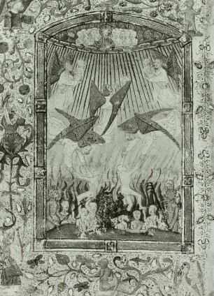 Illumination eines Stundenbuches, Engel befreien Seelen aus dem Fegefeuer und ornamentale Rahmung