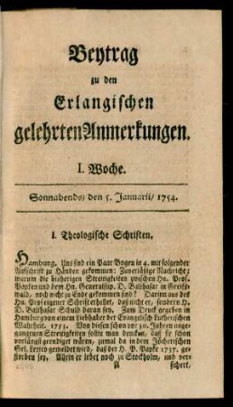 I. Woche (5. Januarii 1754)-LII. Woche (28. December 1754): Beytrag zu den Erlangischen gelehrten Anmerkungen