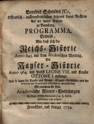 Erweis, wie deß sich die Reichs-Historia Ao. 843 mit dem Verdunischen Vertrag ... anfange ...
