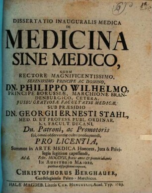 Diss. inaug. med. de medicina sine medico