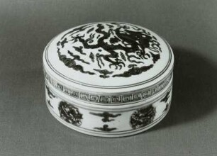 Runde Dose mit flachem Deckel mit "Donnermuster" und Drache
