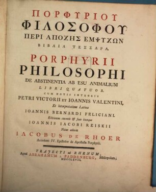 Porphyriu philosophu Pythagoriku Peri apochēs empsychōn biblia tessera