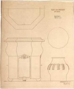 Billing, Hermann; Karlsruhe (Baden-Württemberg); Majolika-Entwürfe, Großherzogliche Manufaktur - Töpfe in Majolika, Topf Nr. 2, 3 (Ansichten; Schnitte)