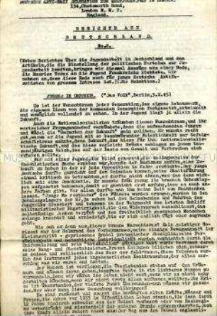 Hektografiertes Bulletin über die Situation der Jugend in Deutschland im Oktober 1945, zusammengestellt von der aus Emigranten gebildeten deutschen Delegation zum Weltjugendrat in London