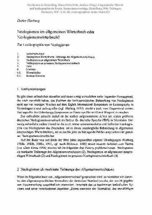 Neologismen im allgemeinen Wörterbuch oder Neologismenwörterbuch? Zur Lexikographie von Neologismen