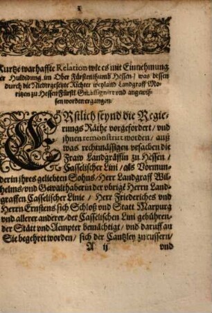 Kurtze Relation wie es mit Einnehmung der Huldigung im Obern Fürstenthumb Hessen ergangen