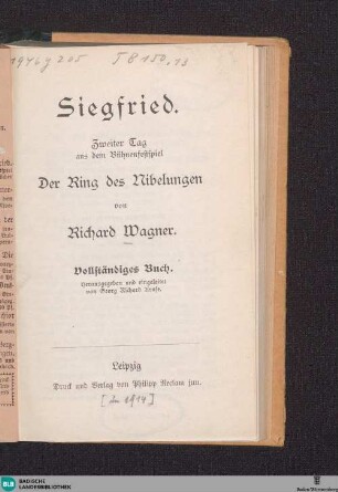 Siegfried : zweiter Tag aus dem Bühnenfestspiel Der Ring des Nibelungen
