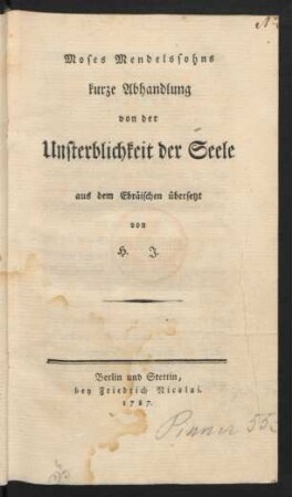 Moses Mendelssohns kurze Abhandlung von der Unsterblichkeit der Seele