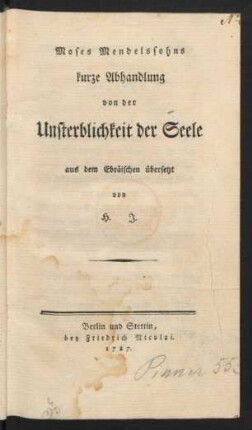 Moses Mendelssohns kurze Abhandlung von der Unsterblichkeit der Seele