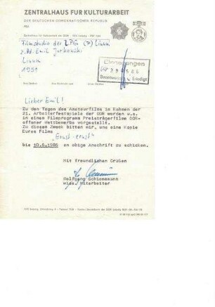 Brief Zentralhaus für Kulturarbeit