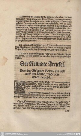 Die Neundte Artickel. Von der Arbeiter Lohn / inn und auff der Hube / und von ihren beuehl.