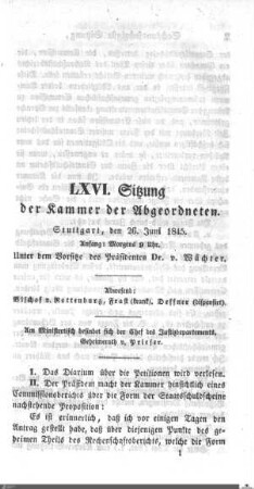 66. Sitzung, Stuttgart, 26.6.1845